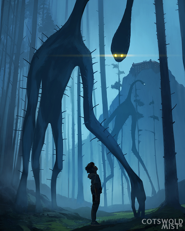 Cotswold Mist; a large monster looks down at a boy, they are stood in a misty wood