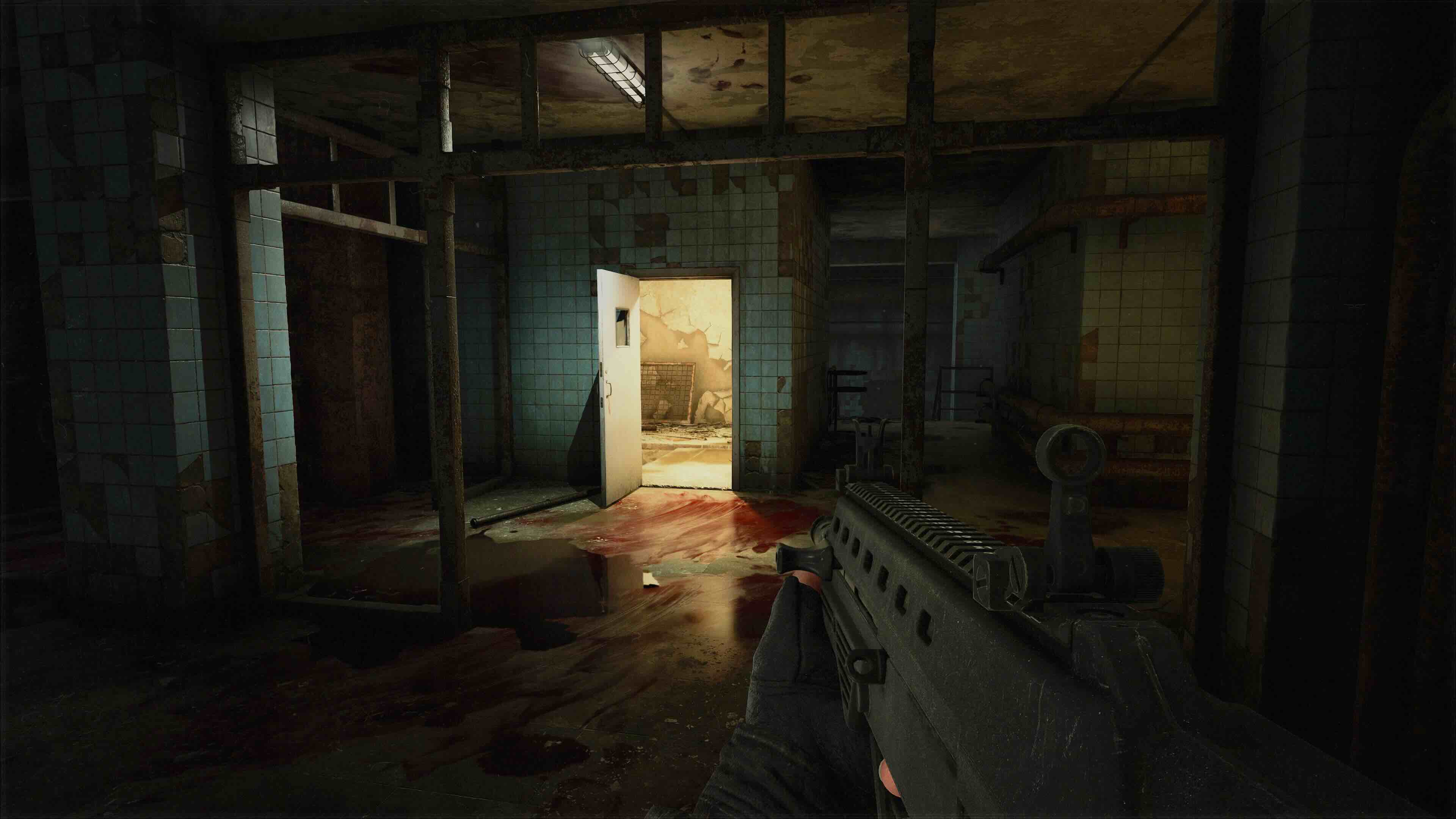 Approaching a spooky, bloodstained door.