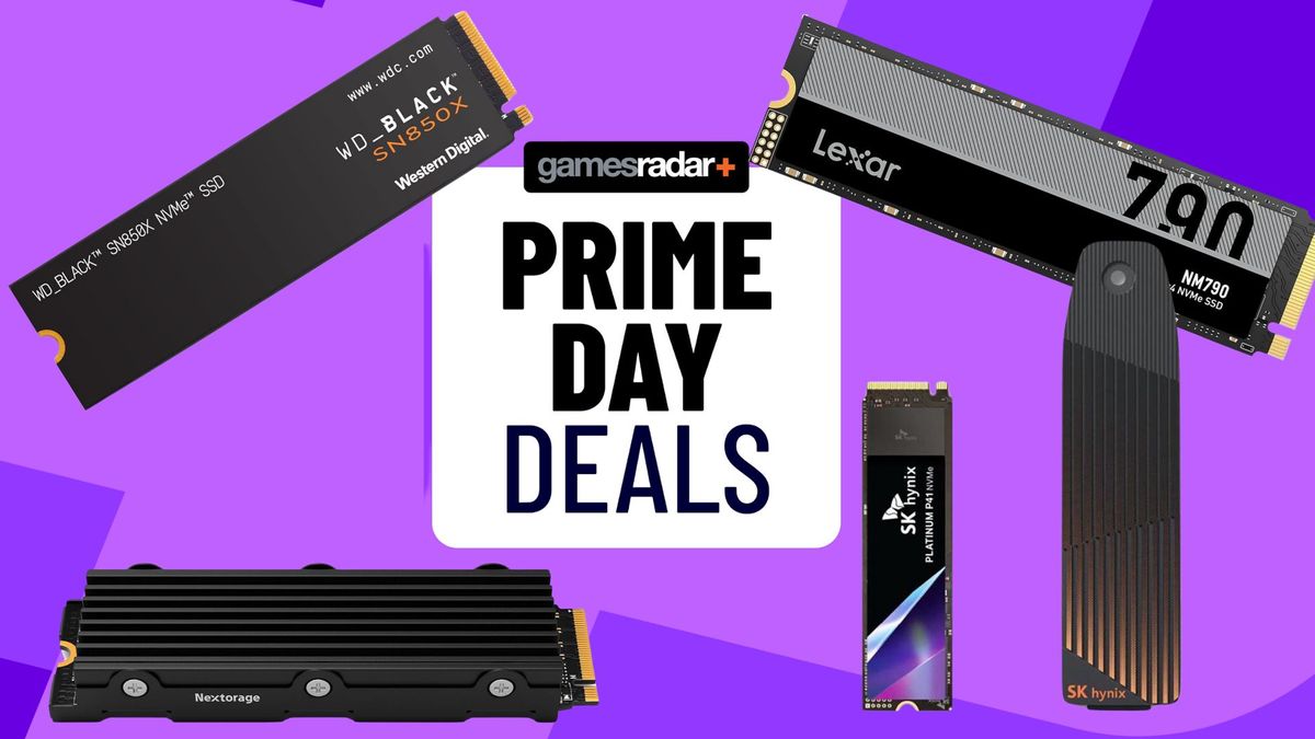 Prime Day SSD deals image with a purple gamesradar background