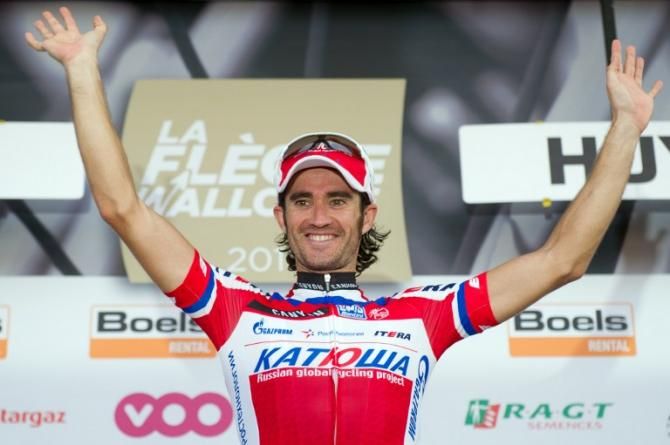Daniel Moreno (Katusha) on the top of the podium in Huy