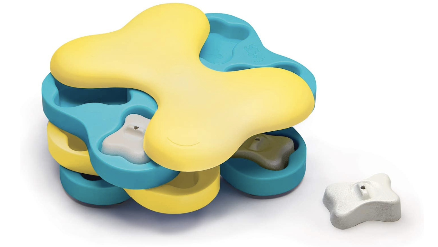 Blue and yellow puzzle toy for dogs