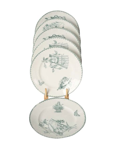 Set of 6 French Ironstone Dinner Plates with Sage Green Transferware D&eacute;cor, c. 1900