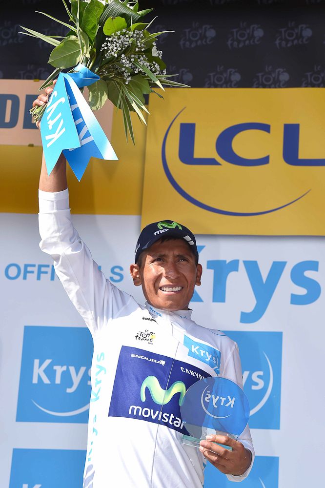 Nairo Quintana in the white jersey of the Tour's best young rider.