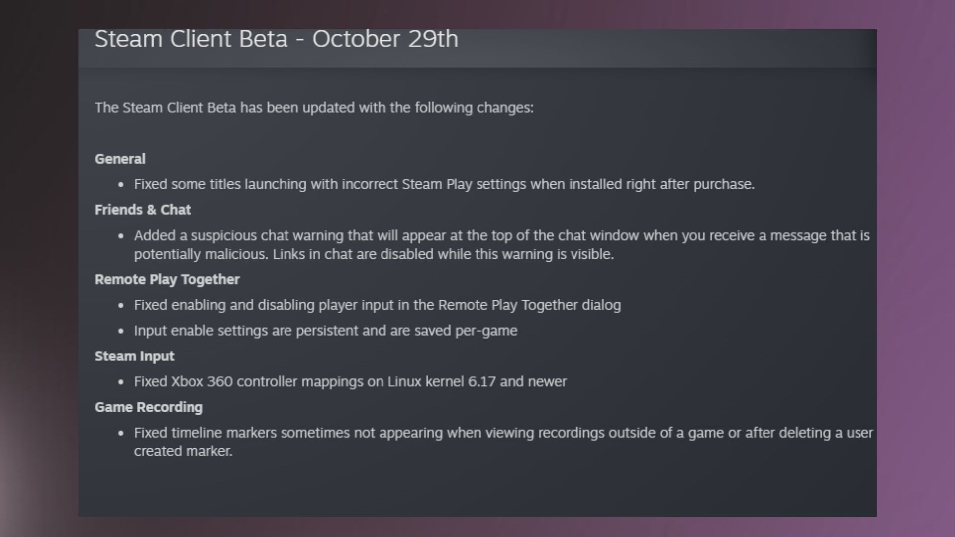Valve&#039;s Steam Client Beta update for October 29th, detailing the new suspicious chat warning update