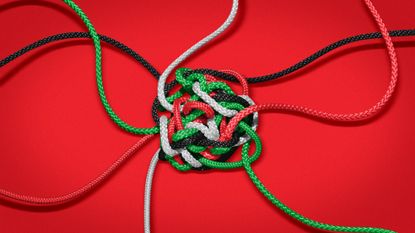 Illustration of tangled, knotted ropes in the colours of the Palestine flag
