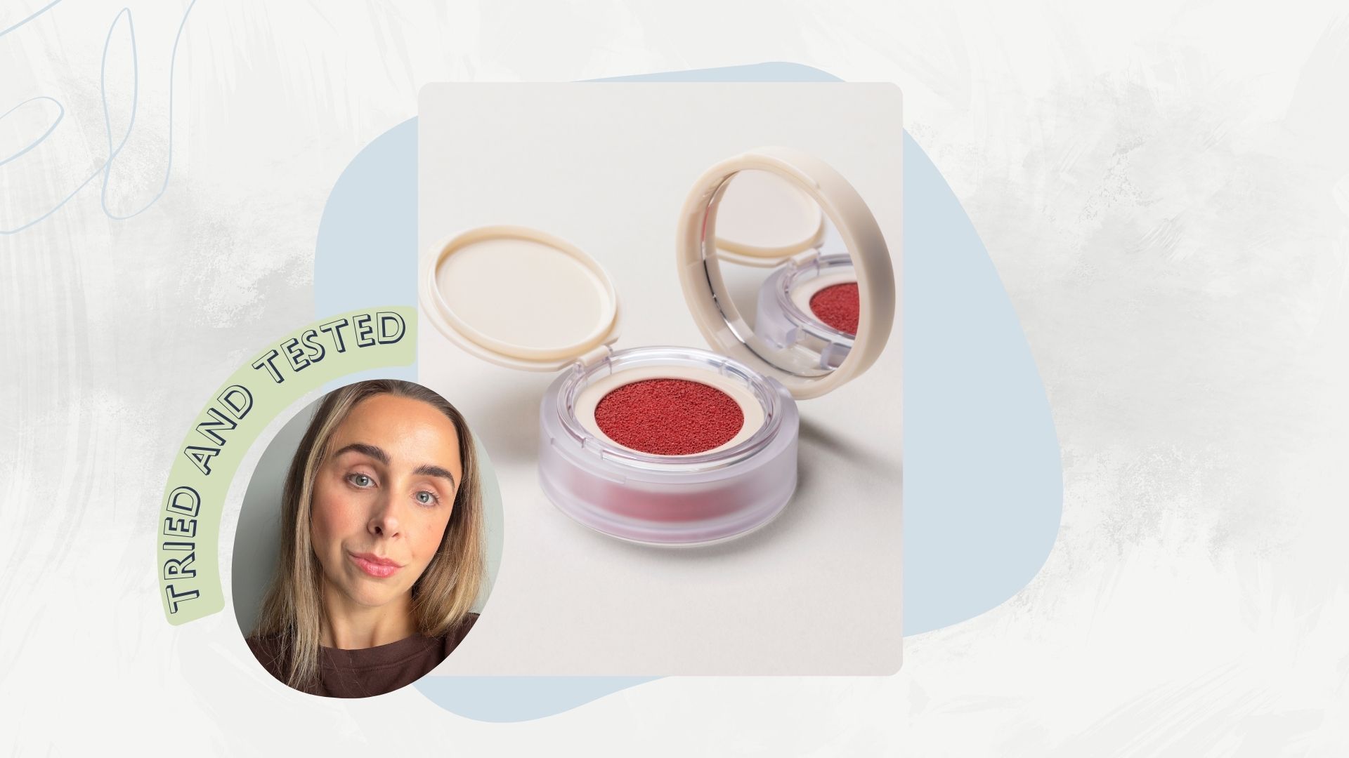 Beauty editor Emma Stoddart pictured wearing Refy Water Blush next to an image of the pot of blush with the lid open