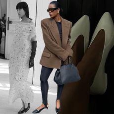 A collage featuring a mix of runway and Instagram imagery of the court shoe trend.