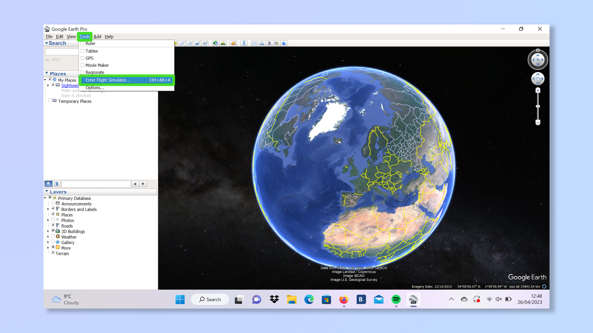 Экран меню Google Планета Земля