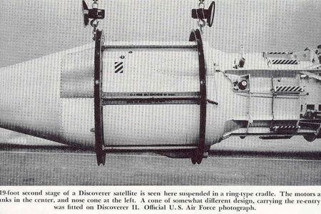 The Discoverer 1 spy satellite and its rocket second stage are seen suspended in a ring-type cradle in this undated U.S. Air Force photo. The spy satellite launched on Feb. 28, 1959 and was subsequently lost.