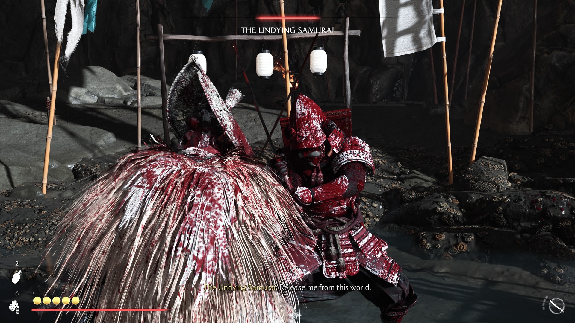 Atsu clashes with the Undying Samurai in Ghost of Yotei, both of their white armor streaked red with blood in the Takashi Miike mode