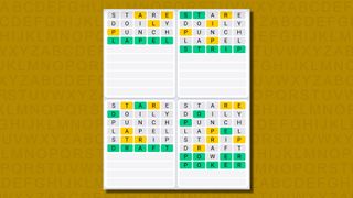 Quordle daily sequence answers for game 614 on a yellow background
