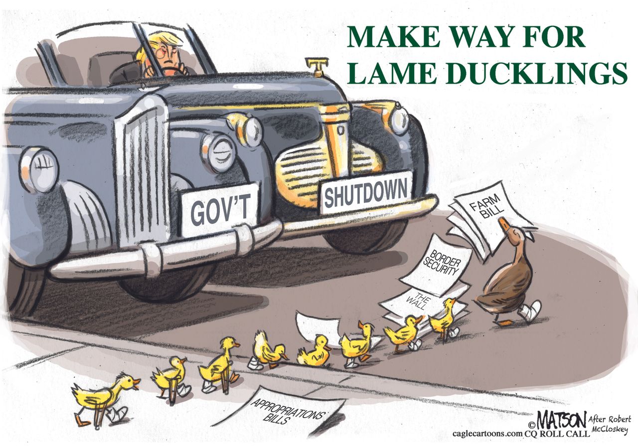 Political cartoon U.S. Trump government shutdown border security farm bill appropriations lame duck