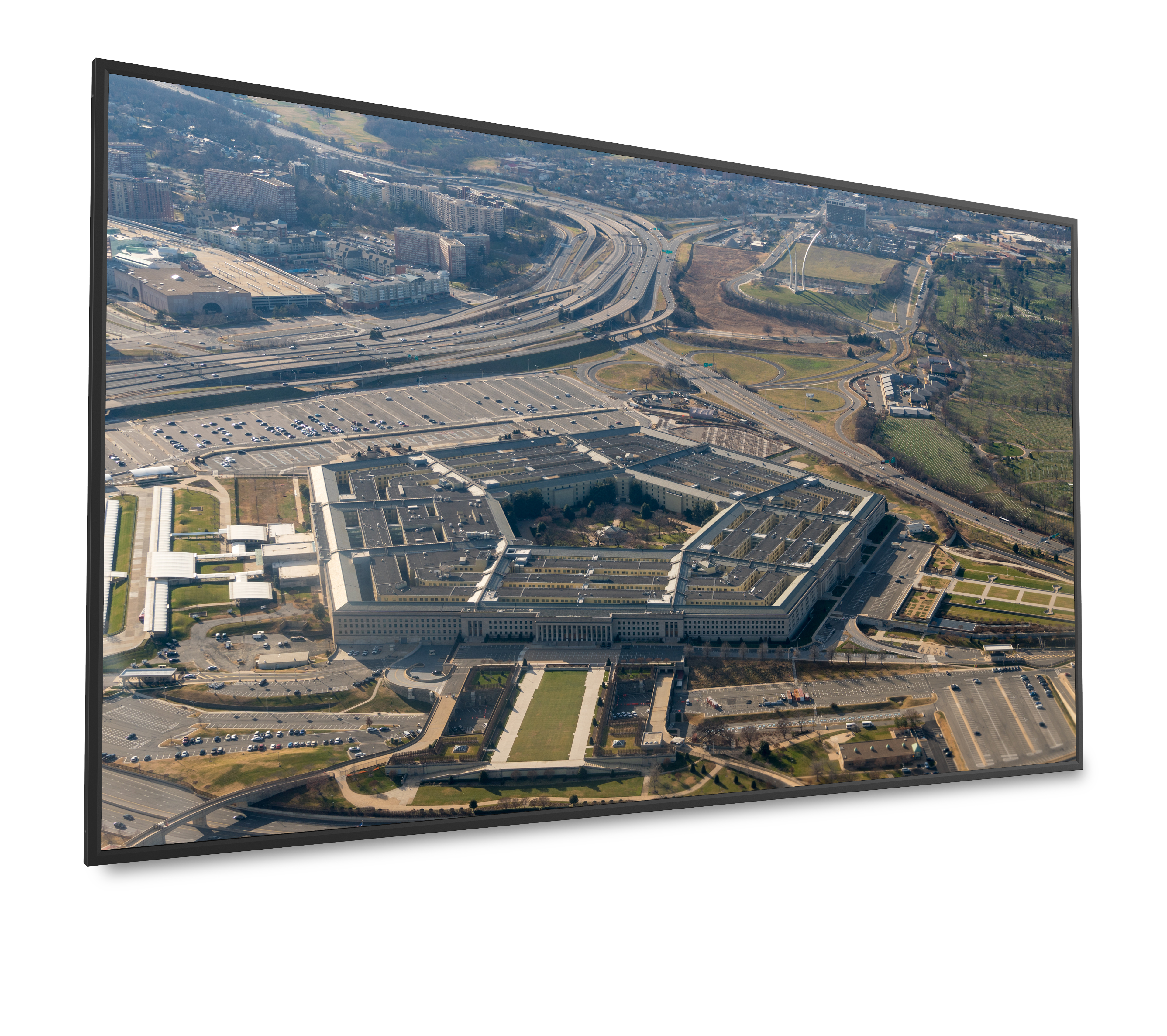 A secure display showing a detailed overhead image of the U.S. Pentagon.