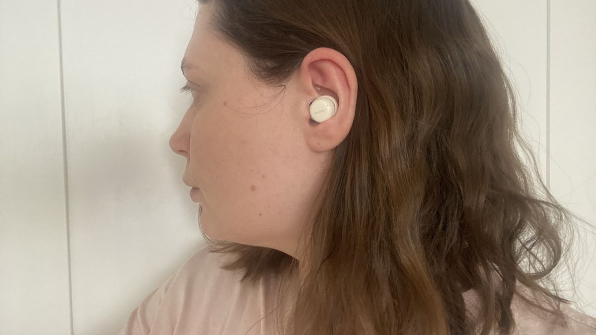 A close up of the Fitnexa SomniPods 3 ear bud in our tester's ear