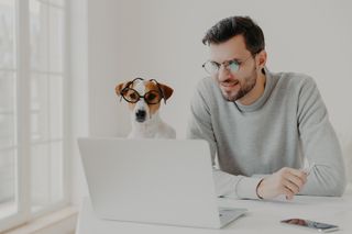 A man and his dog using a laptop 