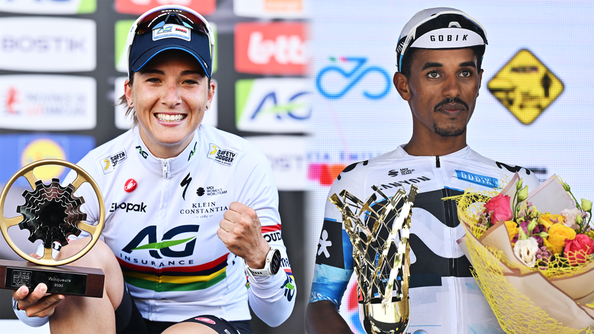 A composite image of Kim Le Court-Pienaar and Natnael Tesfatsion, both on podiums holding trophies