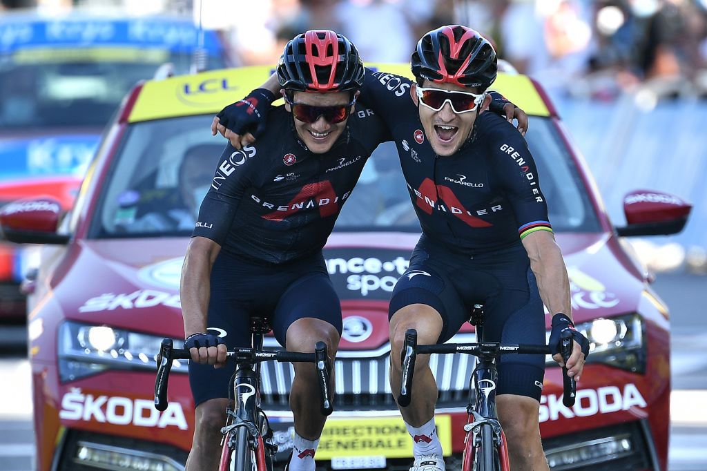 Ineos Grenadiers&rsquo; Richard Carapaz and Michal Kwiatkowski cross the line together on stage 18 of the 2020 Tour de France, with Kwiatkowski (right) being allowed to edge ahead for the victory