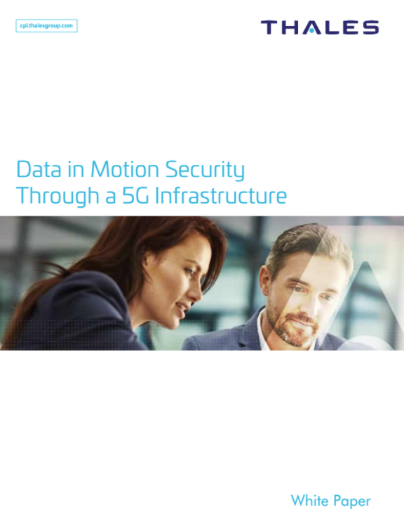 Data-in-motion security through a 5G infrastructure - Business man and woman standing together - whitepaper from Thales