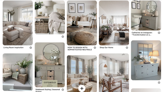 A Pinterest board with several images of modern farmhouse styled lounges.