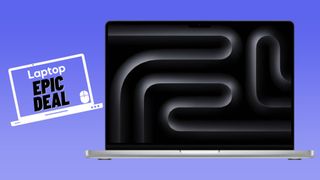 Silver M4 MacBook Pro against blue gradient background with epic deal laptop sticker.