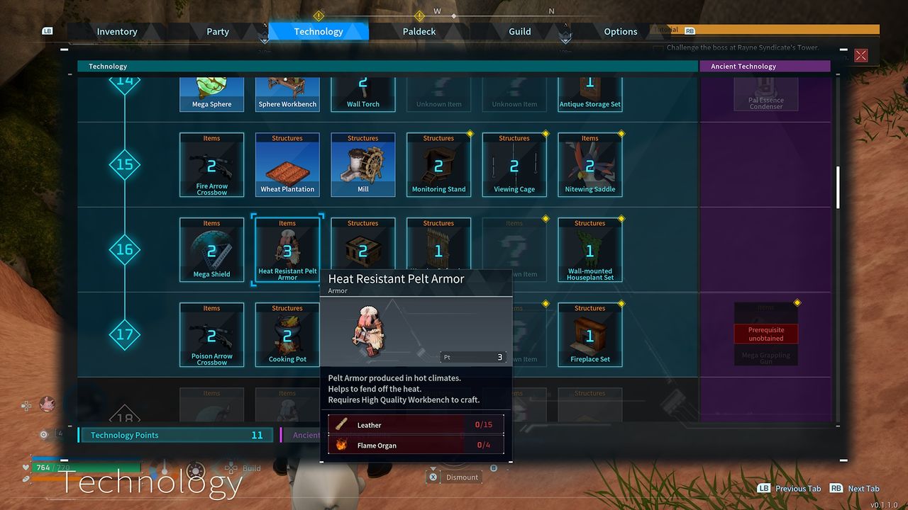 The Heat Resistant Pelt Armor shown in Palworld's Technology menu