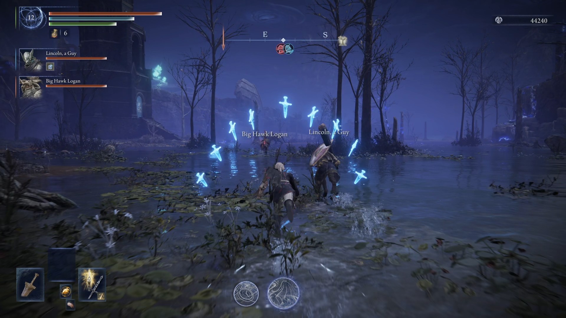 An Elden Ring Nightreign character with an array of magical blades floating above her while she runs through a swamp