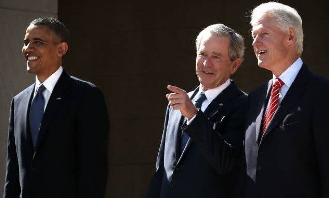 George W. Bush, with Presidents Obama and Clinton, at the opening of his presidential library.