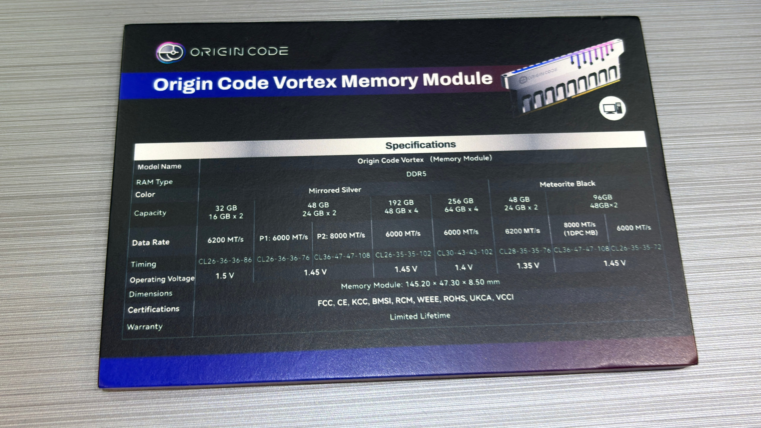 A photo of Biwin's Origin Code brand of DDR5 memory kits, as displayed at Computex 2026