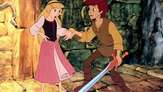 An animated princess stands next to an animated pig herder who weilds a sword