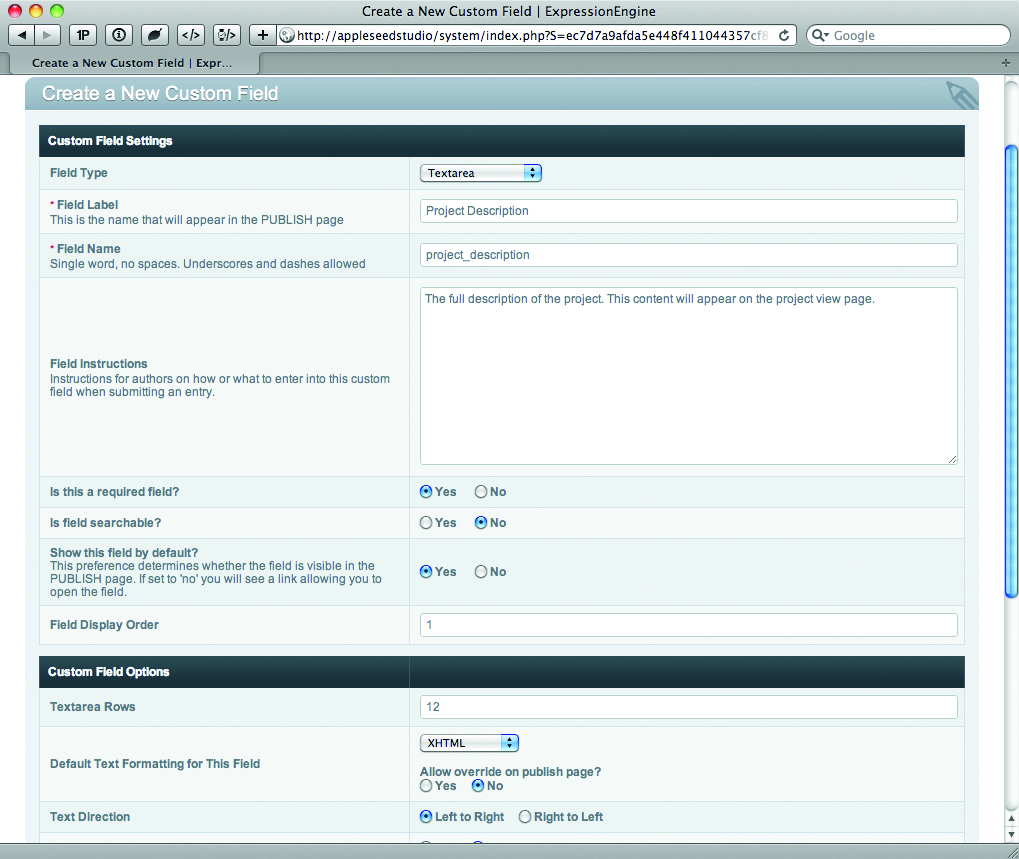 creating a new custom field in the control panel for the project description field