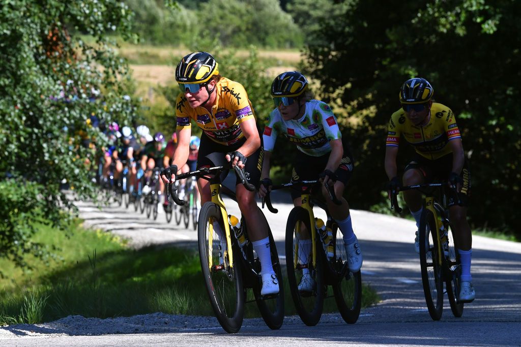 STROMSTAD SWEDEN AUGUST 10 LR Marianne Vos of Netherlands Yellow Leader Jersey and Amber Kraak of Netherlands and Jumbo Visma Team Queen of the mountains jersey compete during the 8th Tour of Scandinavia 2022 Battle Of The North Stage 2 a 1538km stage from Orust to Strmstad UCIWWT tourofscandinavia TOSC22 on August 10 2022 in Stromstad Sweden Photo by Luc ClaessenGetty Images