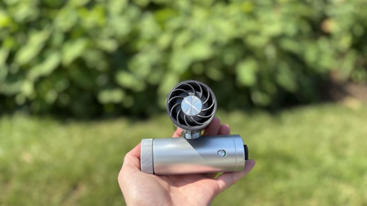 Shark ChillPill 3-in-1 Fan, Mist &amp; InstaChill System being tested outside with the fan
