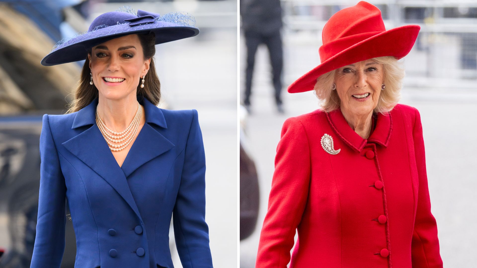 A composite of a picture of the Princess of Wales in blue and a picture of Queen Camilla in red at the 2026 Commonwealth Day service