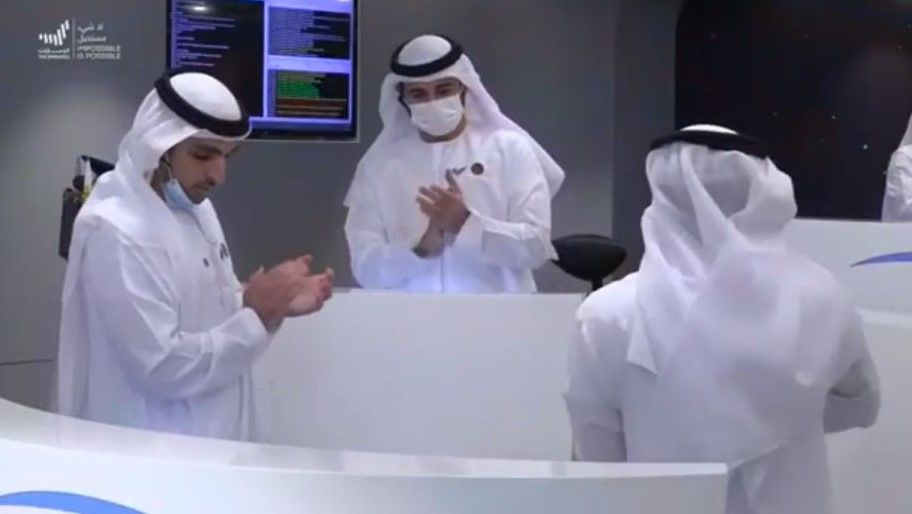 Hope mission personnel celebrate the receipt of signal confirming the spacecraft arrived in orbit around Mars on Feb. 9, 2021.