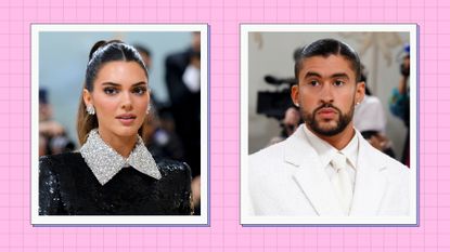 Kendall Jenner and Bad Bunny pictured during the 2023 Met Gala, Kendall wears a black sequin jumpsuit, while Bad Bunny wears an all-white suit/ in a pink template