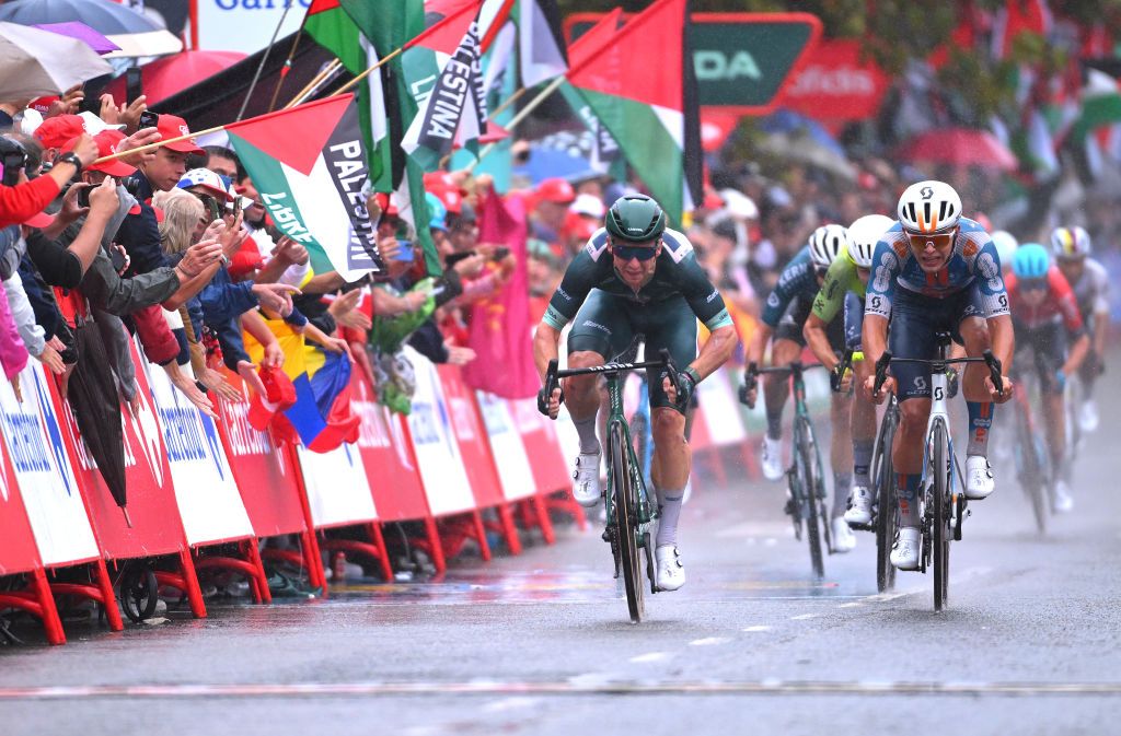 SANTANDER SPAIN SEPTEMBER 04 LR Stage winner Kaden Groves of Australia and Team Alpecin Deceuninck Green Points Jersey and Pavel Bittner of Czech Republic and Team dsmFirmenich PostNL sprint at finish line during the La Vuelta 79th Tour of Spain 2024 Stage 17 a 1415km stage Arnuero to Santander UCIWT on September 04 2024 in Santander Spain Photo by Tim de WaeleGetty Images