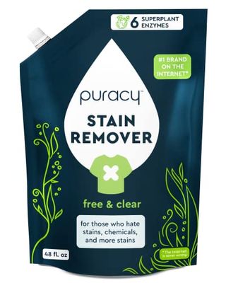 A blue bag of Puracy Laundry Stain Remover Refill with white logo and green accents