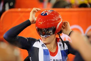 Victoria Pendleton wearing a UKSI custom helmet during 2012