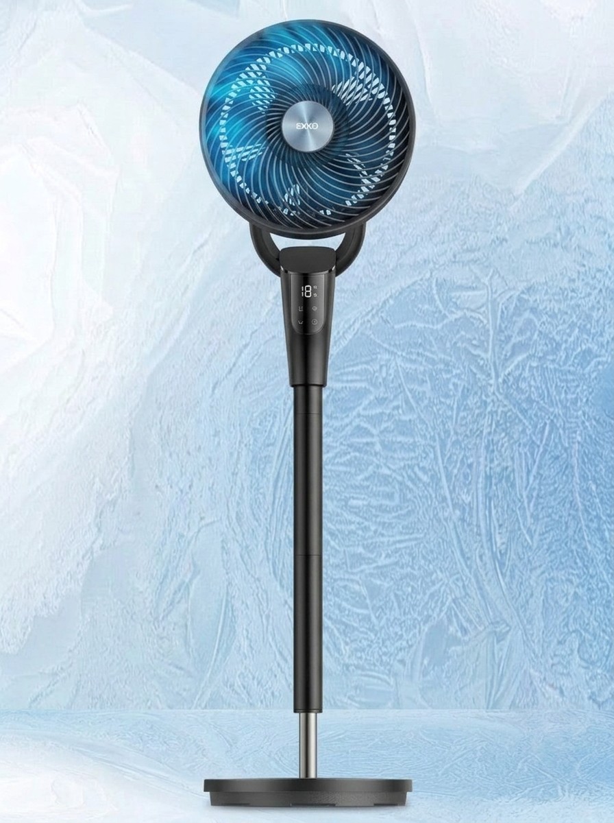 A DREO Oscillating Fan against a blue icy background edited by Gemini