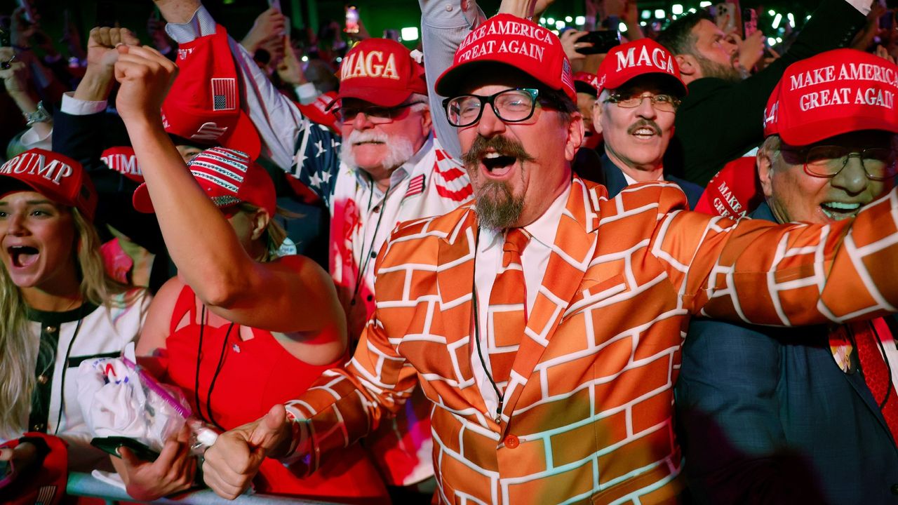 Trump supporters in West Palm Beach, Florida, react as Fox News calls Tuesday&#039;s election for the Republican nominee