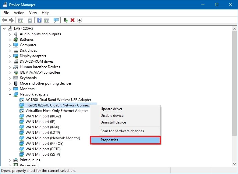 Device Manager network adapter properties