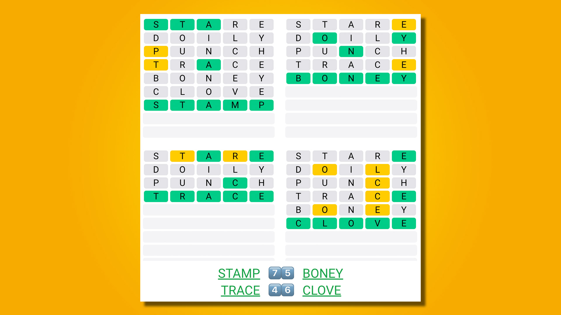 Quordle answers for game 504 on a yellow background