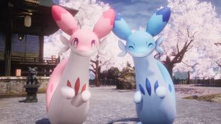 Palworld 1.0 launch trailer screenshot shows a Chillet Ignis and Chillet smiling at the camera, cherry blossom trees behind them.