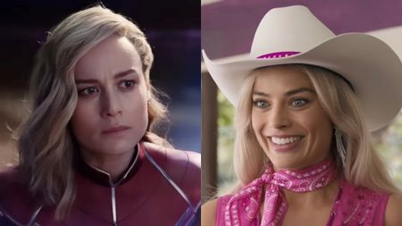 Brie Larson and Margot Robbie in a side-by-side photo.