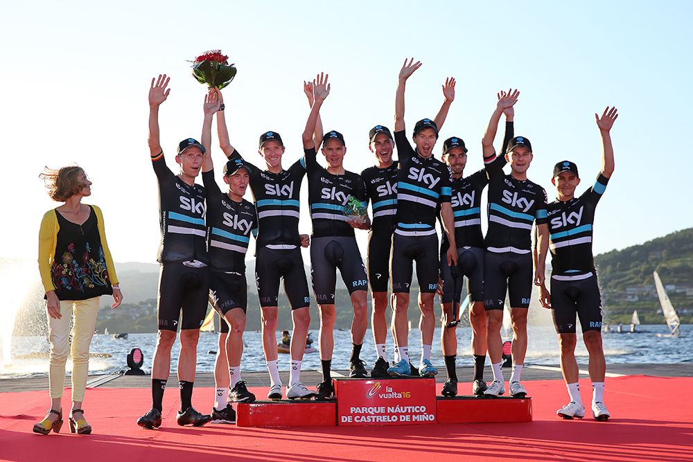 Team Sky riders celebrate on the Vuelta's stage 1 podium.