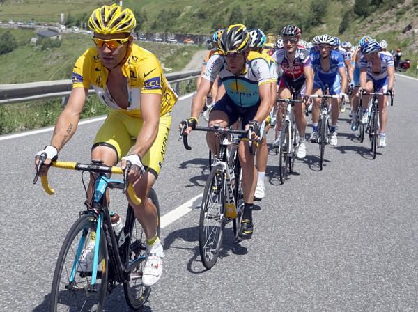 Italian Rinaldo Nocentini (AG2R La Mondiale) rides for the first day in the race leader's maillot jaune.