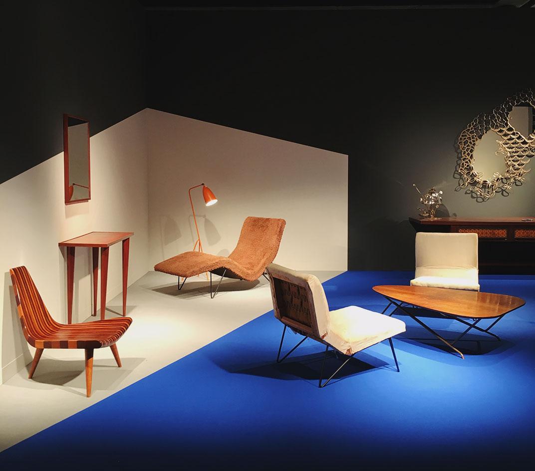 New York gallery R & Company created a geometric set to display a collection of 1950s pieces by Greta Magnusson-Grossman