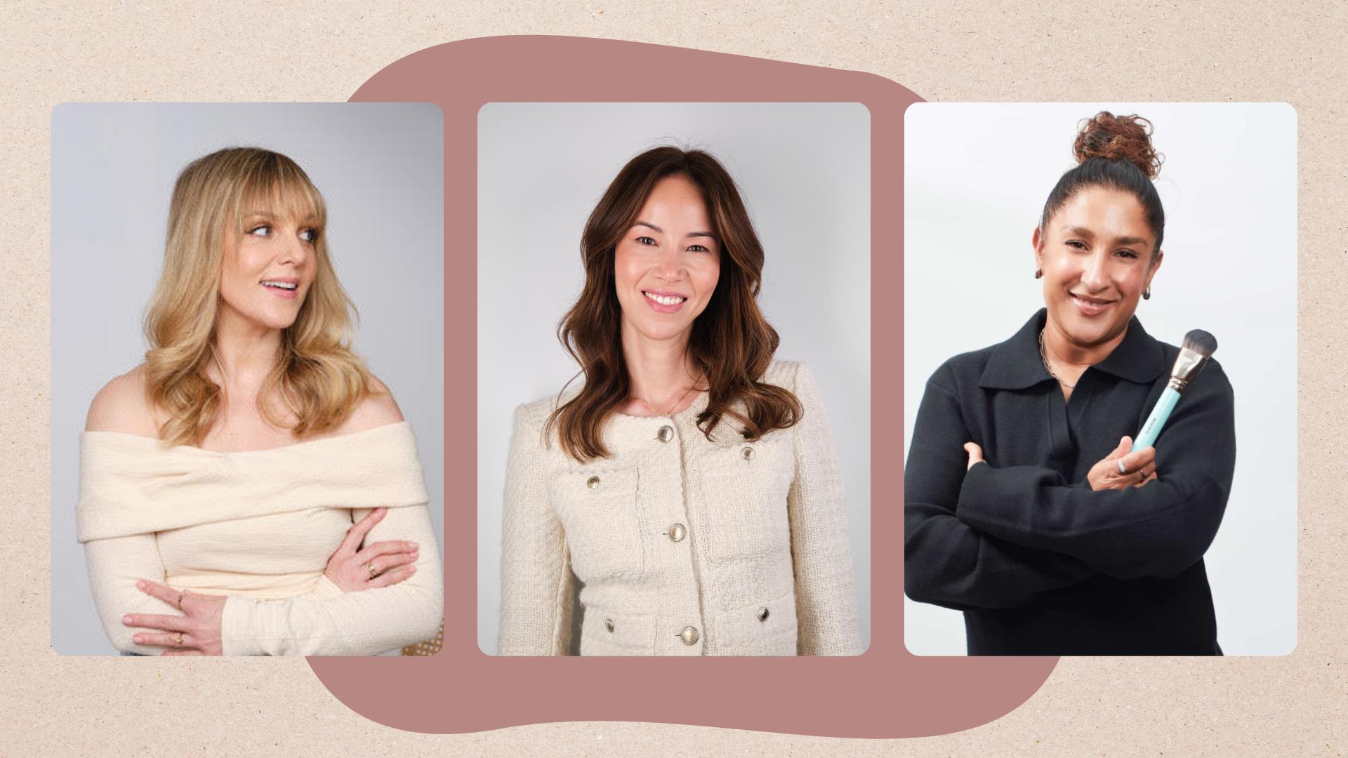 Vertical images of three of the women with great skin who shared their tips for this feature, set in front of a dark pink abstract square and against a beige background