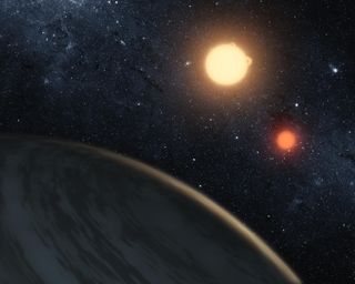 An artist's concept of Kepler-16b, the first planet known to definitively orbit two stars (like the fictional planet Tatooine), or what is known as a circumbinary planet. More planets orbiting two stars have been found since the discovery of Kepler-16b.