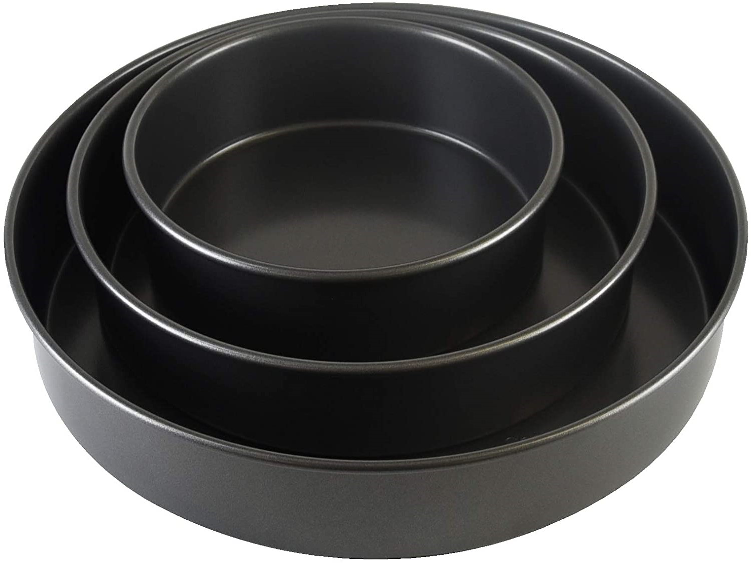 three nested metal cake pans